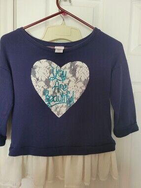 Navy Heart Graphic Top with Ivory Chiffon Hem